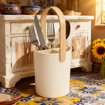 🪵 Bring Natural Warmth Into Your Kitchen — Premium Wooden Handle Utensil Holder Designed for a Cleaner & More Beautiful Countertop