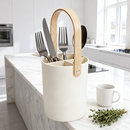 🪵 Bring Natural Warmth Into Your Kitchen — Premium Wooden Handle Utensil Holder Designed for a Cleaner & More Beautiful Countertop