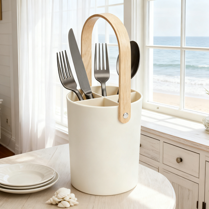 🪵 Bring Natural Warmth Into Your Kitchen — Premium Wooden Handle Utensil Holder Designed for a Cleaner & More Beautiful Countertop
